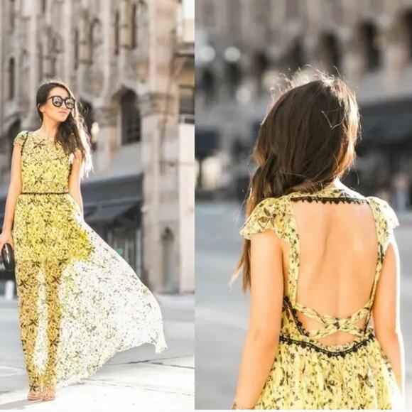 Rare Free People Lemon Yellow Cherry Blossom Floral Lace Open Back Maxi Dress - Picture 2 of 8